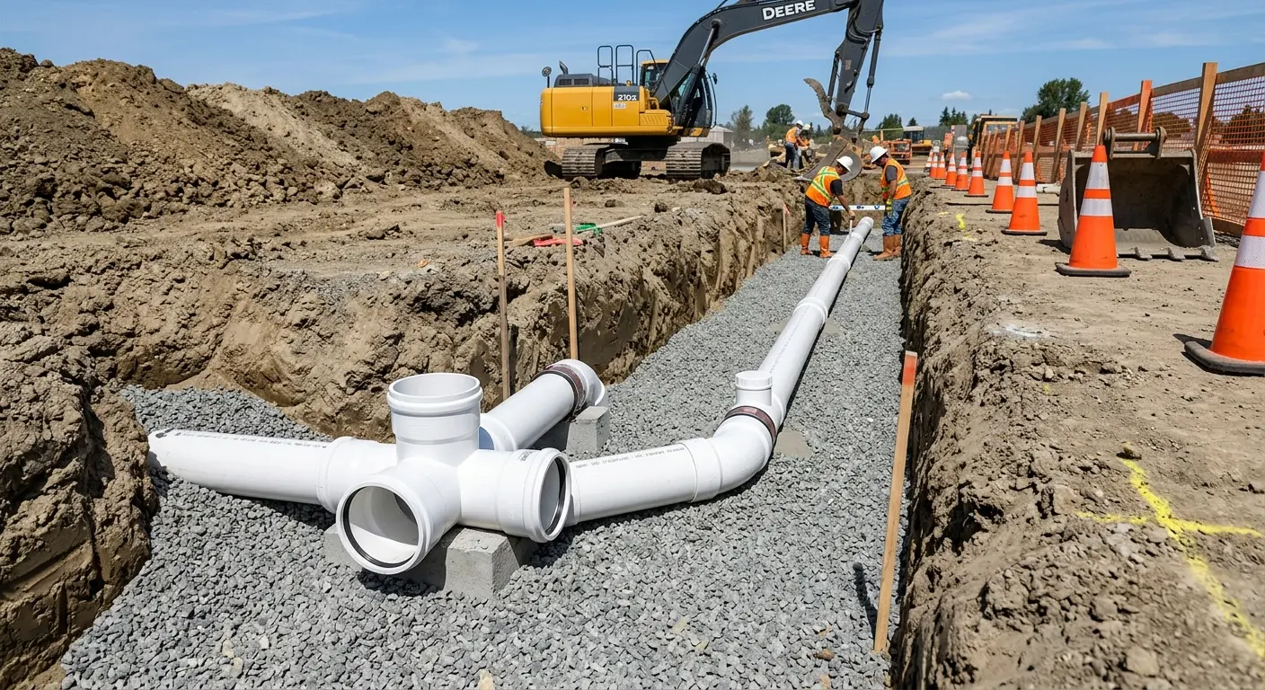 New PVC sewer pipe installation in open trench for Commercial Drain Cleaning in Arroyo Grande