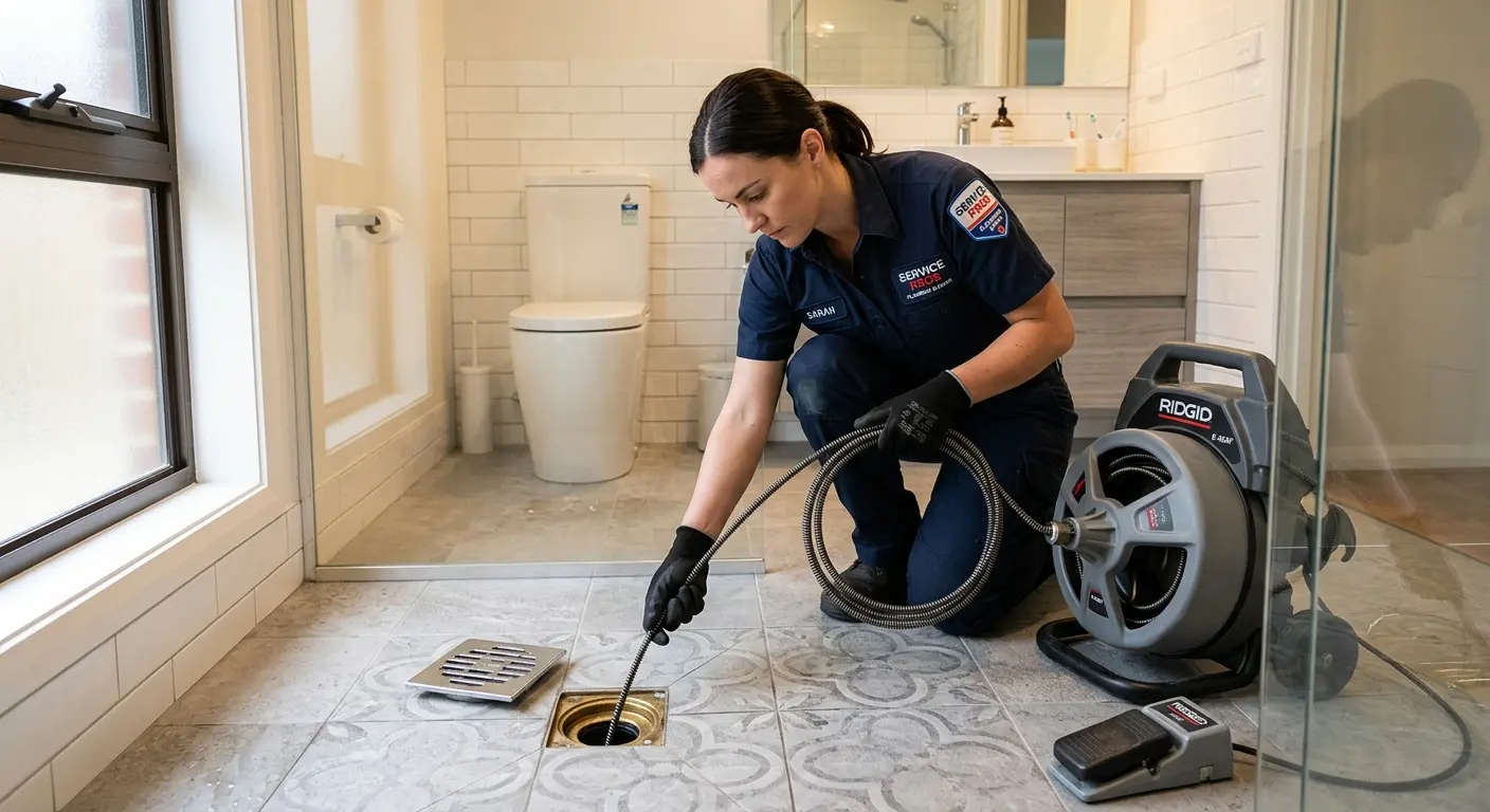 Technician clearing a bathroom floor drain for Drain Cleaning in Arroyo Grande